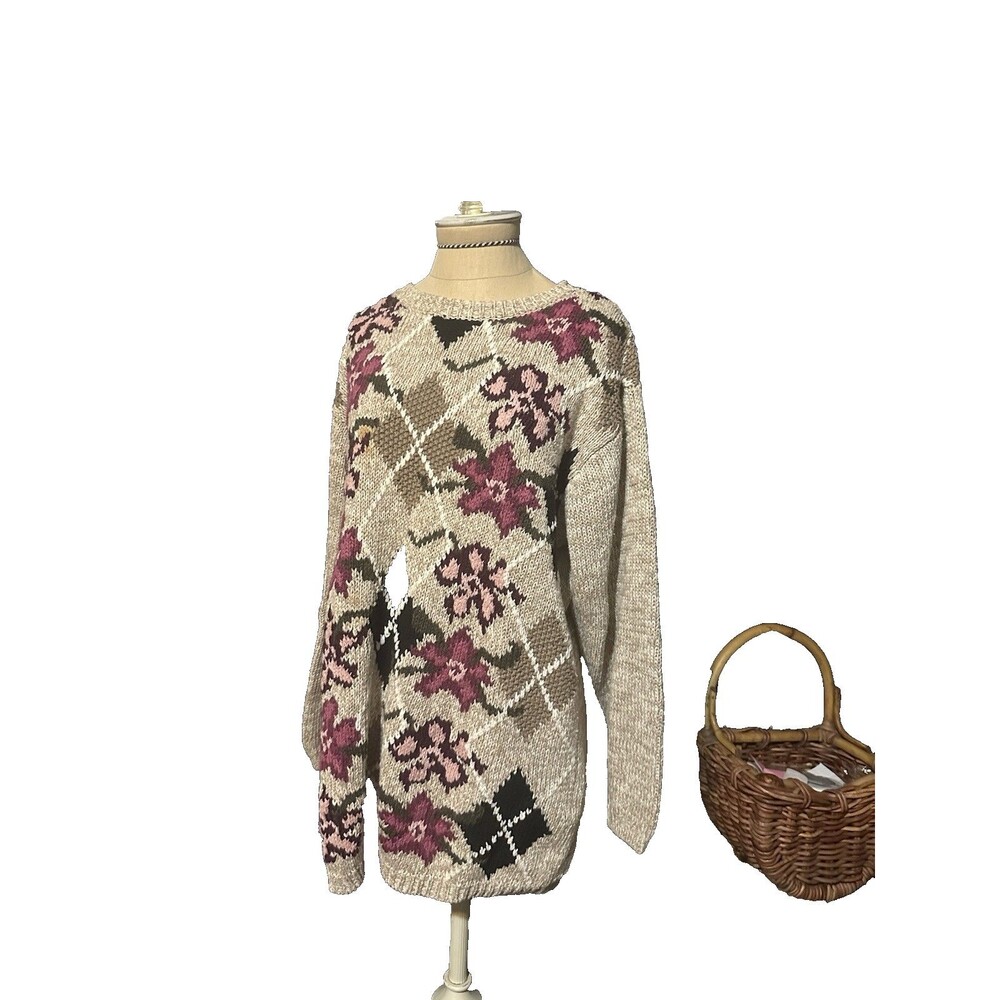 Crystantheme Knitted By hand Sweater Vin Beige Argyle Floral cotton Blend Medium